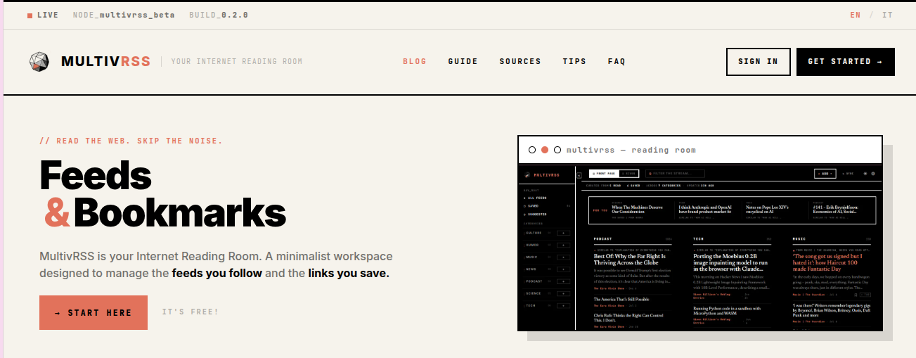Home page di multivrss.com con il claim "Feeds & Bookmarks"